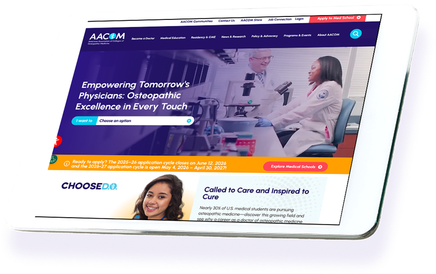 American Association of Colleges of Osteopathic Medicine (AACOM)website homepage displayed on tablet device