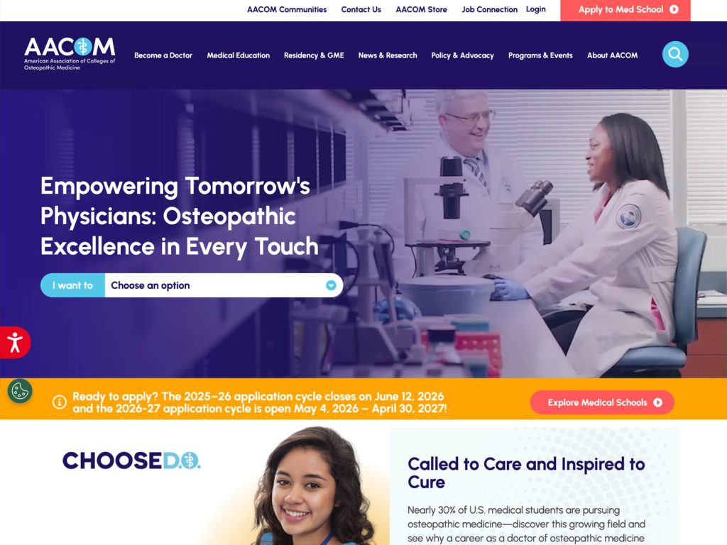 American Association of Colleges of Osteopathic Medicine (AACOM) website homepage