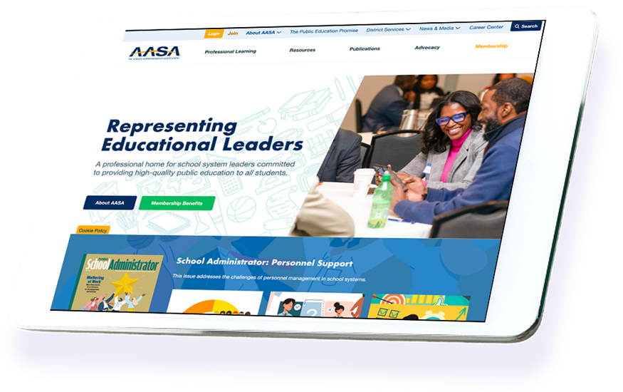 AASA website homepage displayed on tablet device