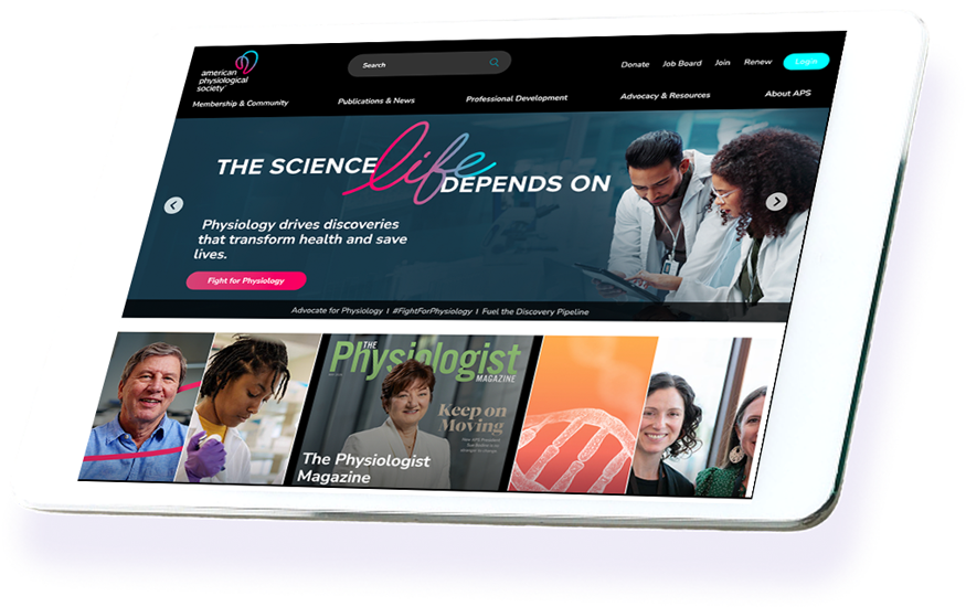 American Physiological Society (APS) website homepage displayed on tablet device