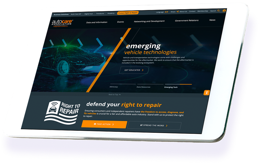 Autocare Association website homepage displayed on tablet device
