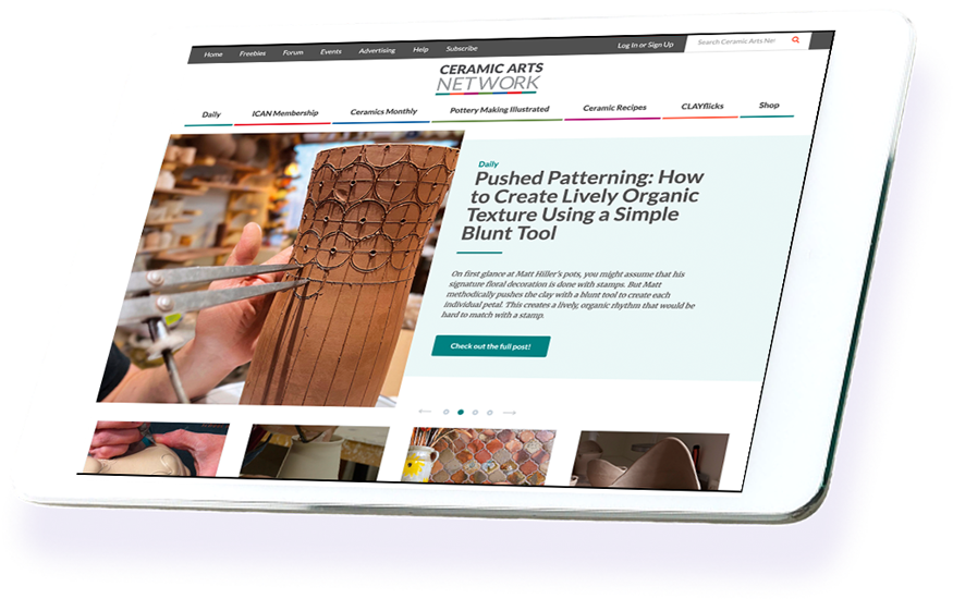 Ceramic Arts Network (ICAN) website homepage displayed on tablet device