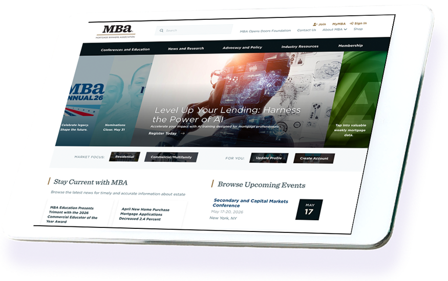 Mortgage Bankers Association website homepage displayed on tablet device