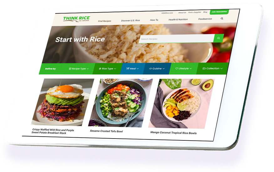 Think Rice website homepage displayed on tablet device