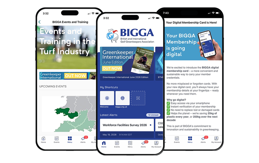 3 British and International Golf Greenkeepers Association (BIGGA) screens from their mobile app