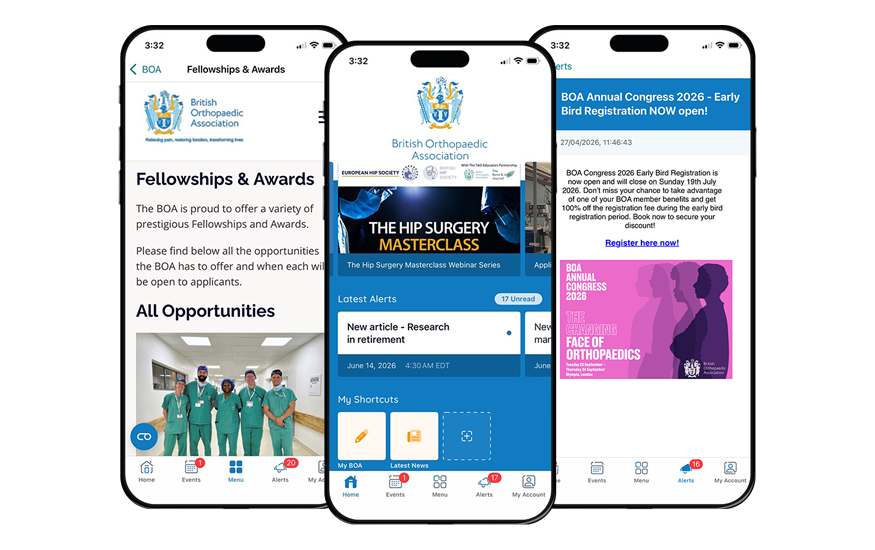 3 British Orthopaedic Association (BOA) screens from their mobile app